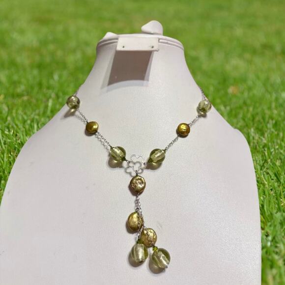 Sterling Silver Glass Mother of Pearl Lariat Chain Necklace - Picture 3 of 9